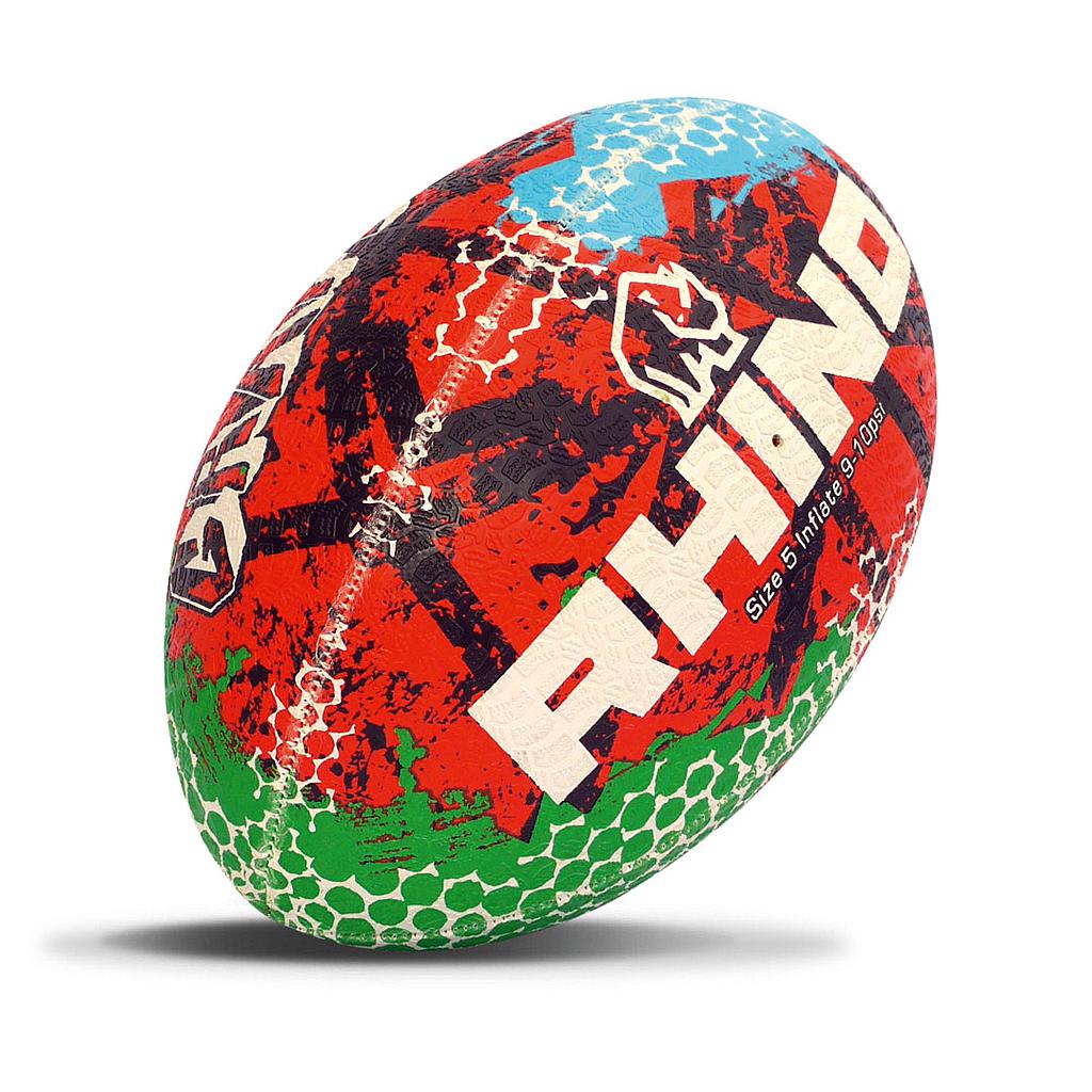 The Rhino Graffiti Ball by Rhino is a vibrant rugby ball made from recycled rubber, featuring red, blue, black, white, and green patterns with the RHINO logo, displayed on a white background with a subtle shadow.