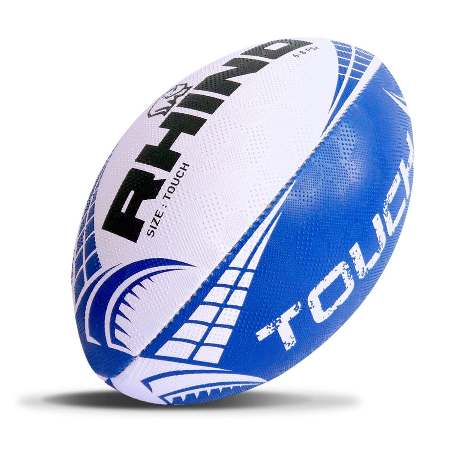 The Rhino Touch Rugby Ball by Rhino features dual grip, a textured surface, and blue and white graphic design elements. The ball is displayed against a white background.
