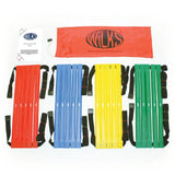 The Wilks Flat Foot Speed Ladder by Wilks includes four colored foldable boards (red, blue, yellow, green) with straps, a red WILKS carrying bag, and an instruction card—ideal for footwork and agility training.