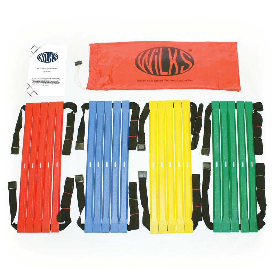The Wilks Flat Foot Speed Ladder by Wilks includes four colored foldable boards (red, blue, yellow, green) with straps, a red WILKS carrying bag, and an instruction card—ideal for footwork and agility training.