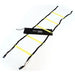 A Wilks Flat Foot Speed Ladder with six yellow and black rungs is arranged on a white surface for footwork training. Beside it lies a black Wilks carrying bag labeled "Agility Ladder.