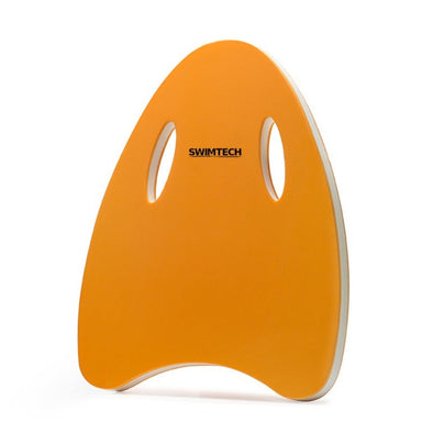 The SwimTech Ergonomic Dual-Grip Kickboard is orange with two oval hand grips and SWIMTECH printed in black at the top. Its slightly curved bottom edge and rounded corners make it ideal for swim training.