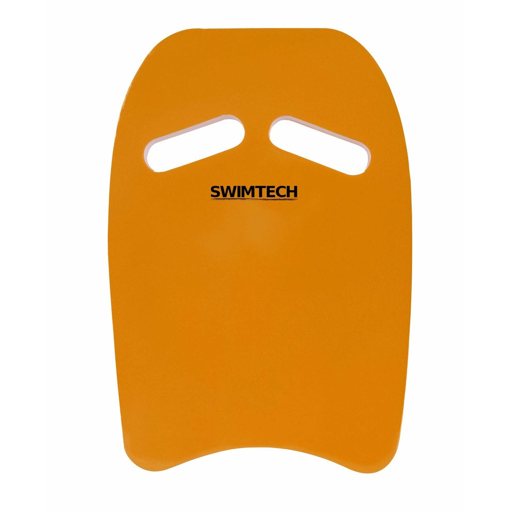 The SwimTech Classic Dual-Grip Kickboard, by SwimTech, is a bright orange swim training aid with two horizontal hand slots and "SWIMTECH" printed in black—ideal for building leg strength in the pool.
