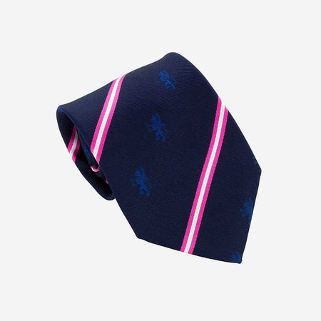 The Custom Club & School Ties by Martin Berrill Sports features a navy blue base with diagonal pink and white stripes and small blue lion emblems, neatly rolled against a plain white background for a refined look.