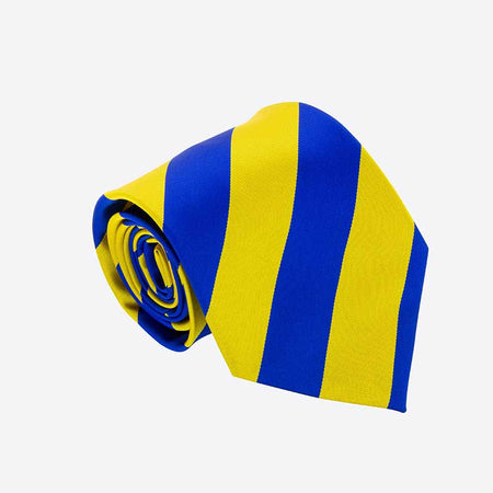 The Martin Berrill Sports Custom Club & School Ties feature blue and yellow stripes, ideal for adding a touch of personality to your look.