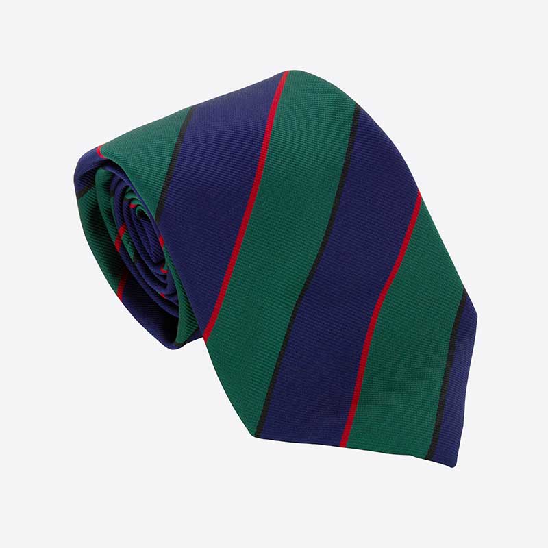 A rolled-up Martin Berrill Sports Custom Club & School Tie with green and navy diagonal stripes, separated by thin red lines, displayed on a plain white background.