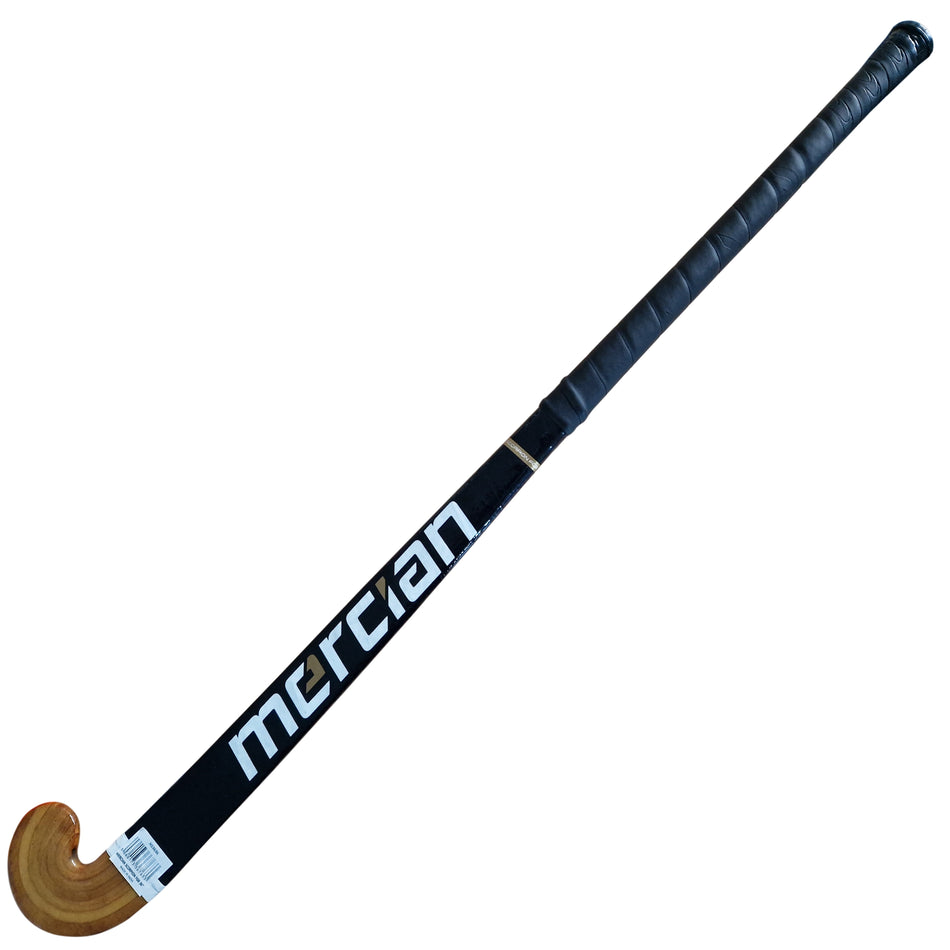 The Mercian Scorpion FGB Hockey Stick features a durable fibreglass-wrapped shaft, black grip handle, and curved wooden head. The brand "Mercian" is printed in white on the black and wooden stick.