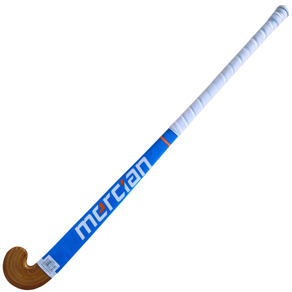 The Mercian Scorpion Hockey Stick features a fibreglass reinforced wooden build, a curved wooden head, a blue shaft with the Mercian logo in white, and a white grip on the handle.