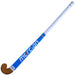 The Mercian Scorpion Hockey Stick features a fibreglass reinforced wooden build, a curved wooden head, a blue shaft with the Mercian logo in white, and a white grip on the handle.