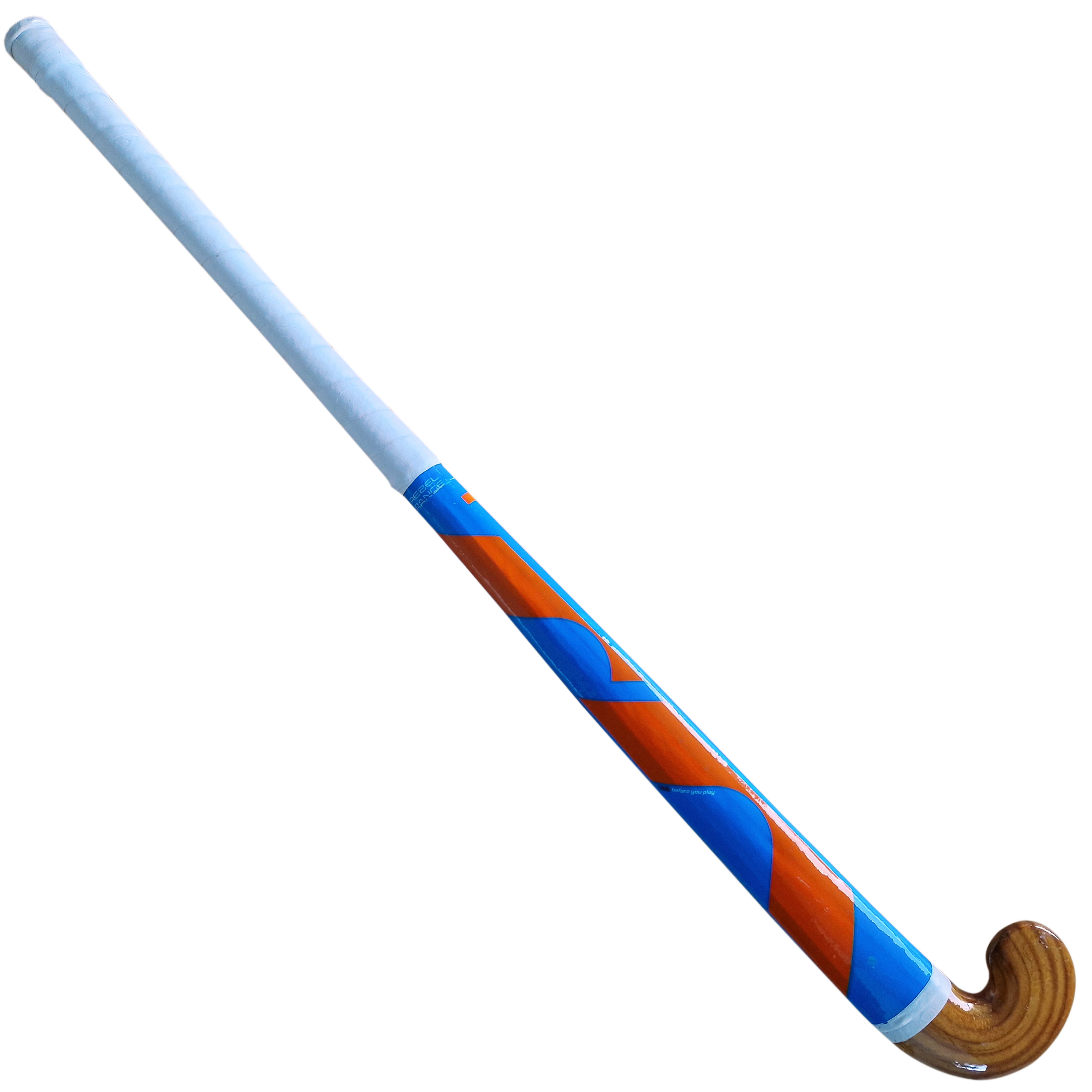 A Mercian Scorpion Hockey Stick with a white handle, orange and blue patterned shaft, and a fibreglass-reinforced wooden curved end, shown isolated on a white background.