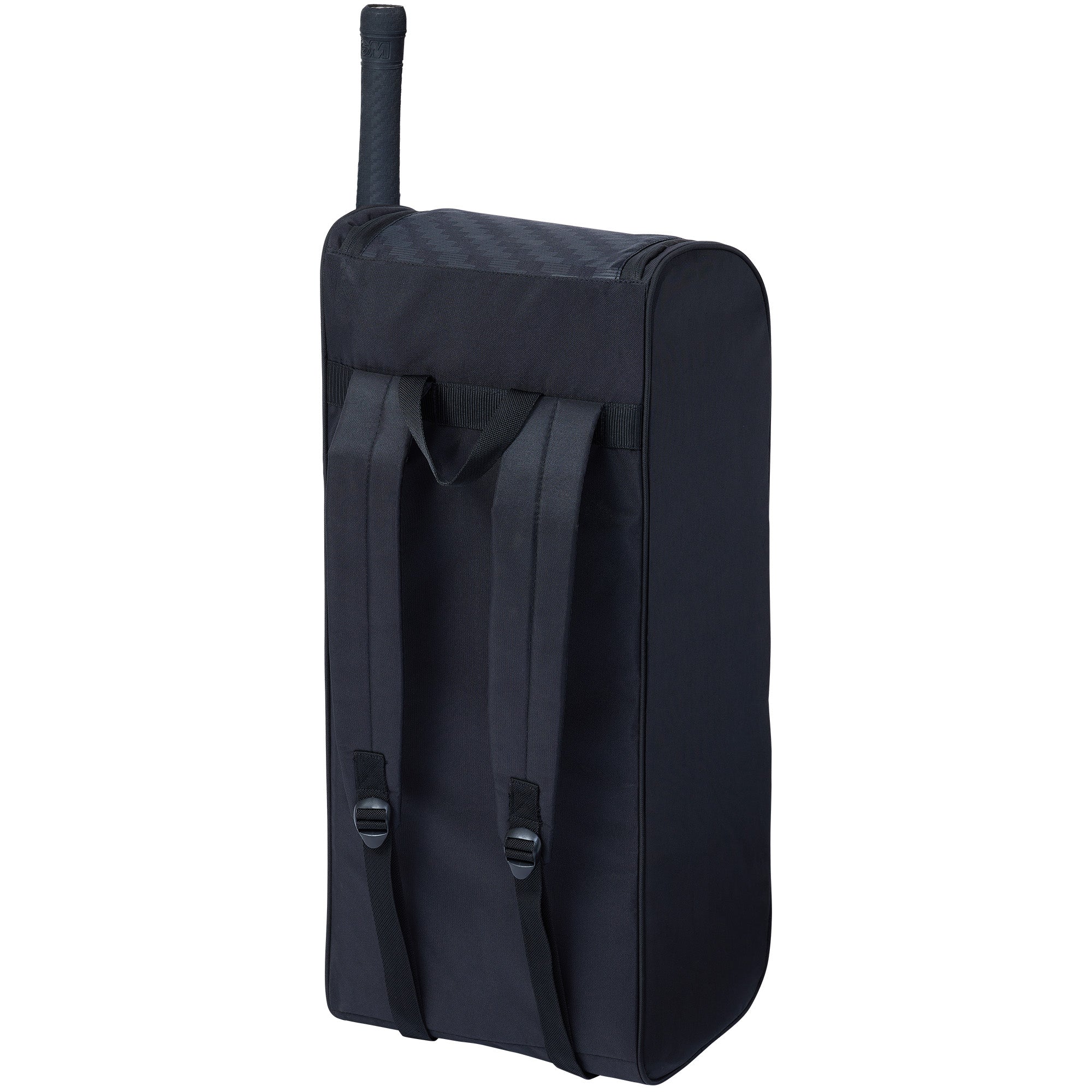 The Gunn & Moore Select Duffle 2026, a black cricket bag with shoulder straps, stands upright holding a tennis racket—ideal as a lightweight everyday cricket bag from Gunn & Moore.