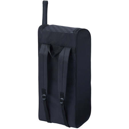 The Gunn & Moore Select Duffle 2026, a black cricket bag with shoulder straps, stands upright holding a tennis racket—ideal as a lightweight everyday cricket bag from Gunn & Moore.