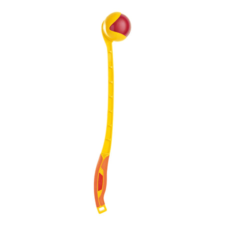 The Sidearm Club Cricket Ball Thrower by Sidearm is a yellow and orange plastic launcher that holds a red ball on top, perfect for cricket batting practice or fetch with dogs. Ideal for fun games, it's shown against a plain white background.