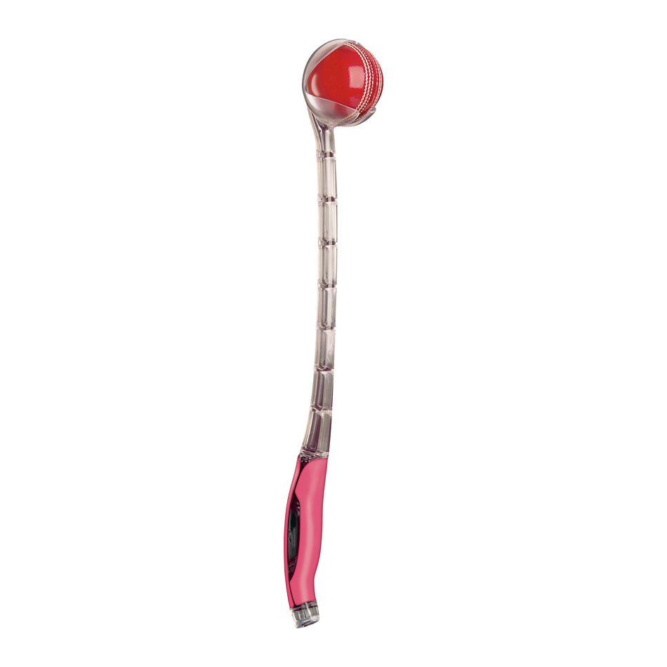 The Sidearm Elite Cricket Ball Thrower by Sidearm is a long, curved plastic tool with a pink and red handle and a round red ball at the end, ideal for batting practice.
