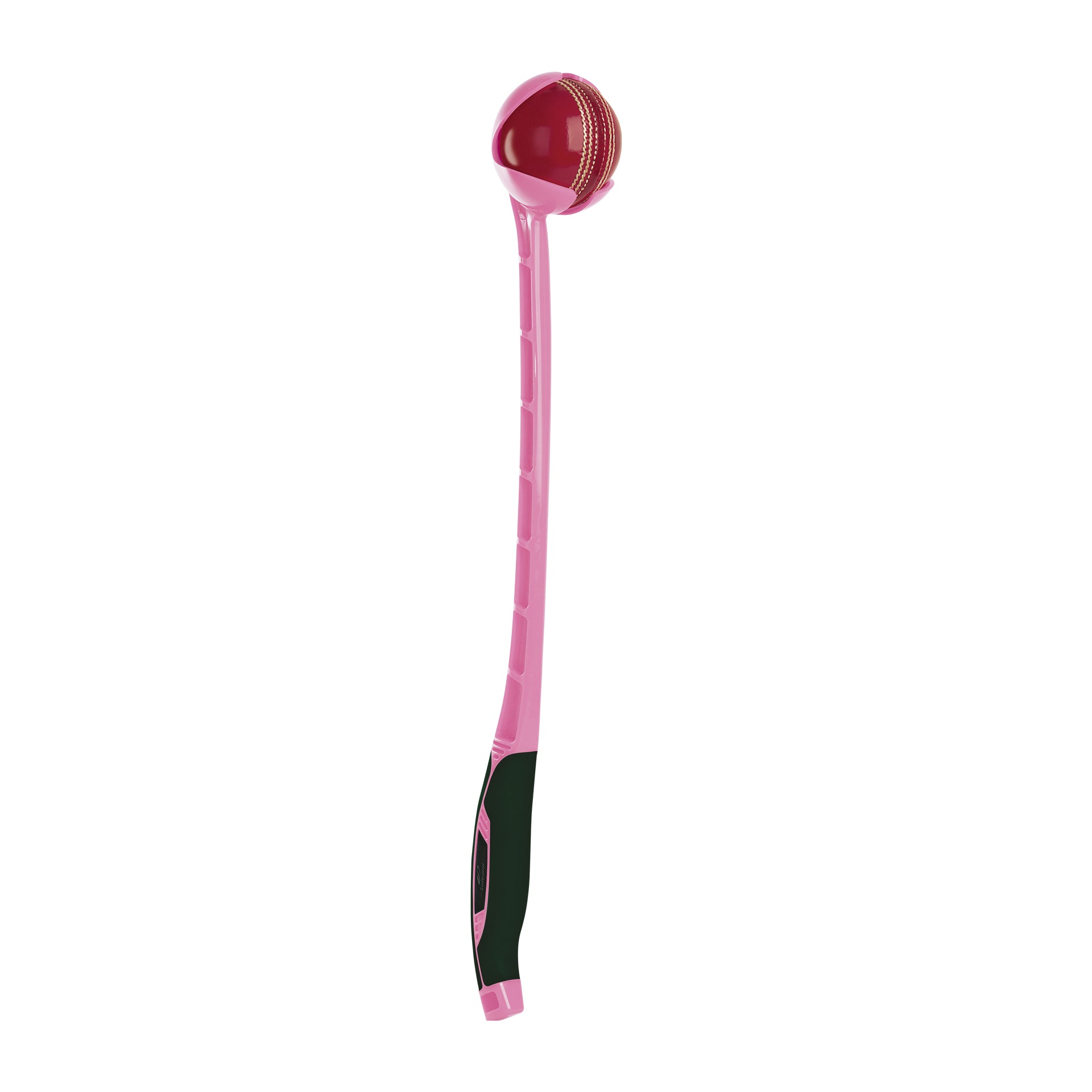 The Sidearm Pro Cricket Ball Thrower by Sidearm is a pink plastic tool with a curved handle, perfect for cricket training, and securely holds a red cricket ball at the top.