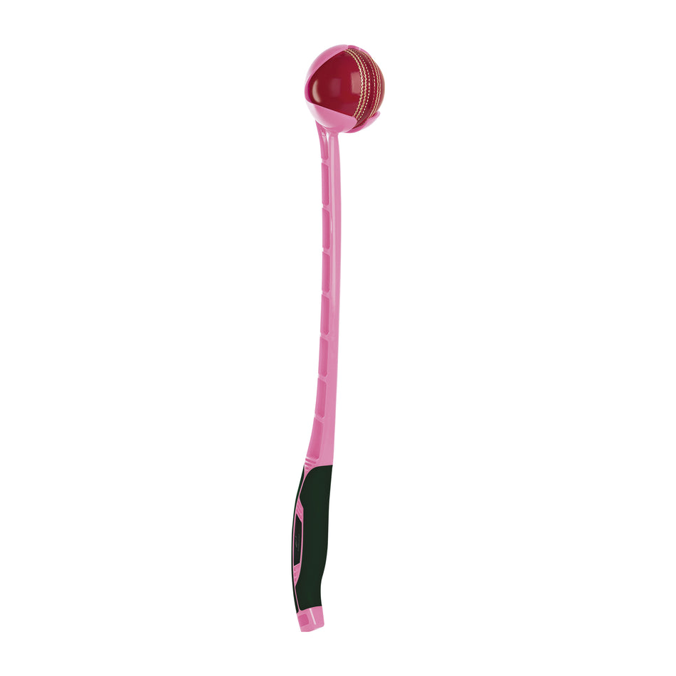 The Sidearm Pro Cricket Ball Thrower by Sidearm is a pink plastic tool with a curved handle, perfect for cricket training, and securely holds a red cricket ball at the top.