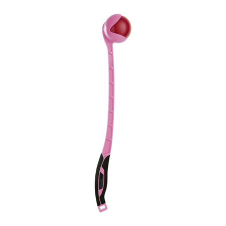 The Sidearm Pro Cricket Ball Thrower by Sidearm is a pink plastic training tool with a black grip handle, designed to hold a red ball in its curved end—ideal for cricket practice sessions.