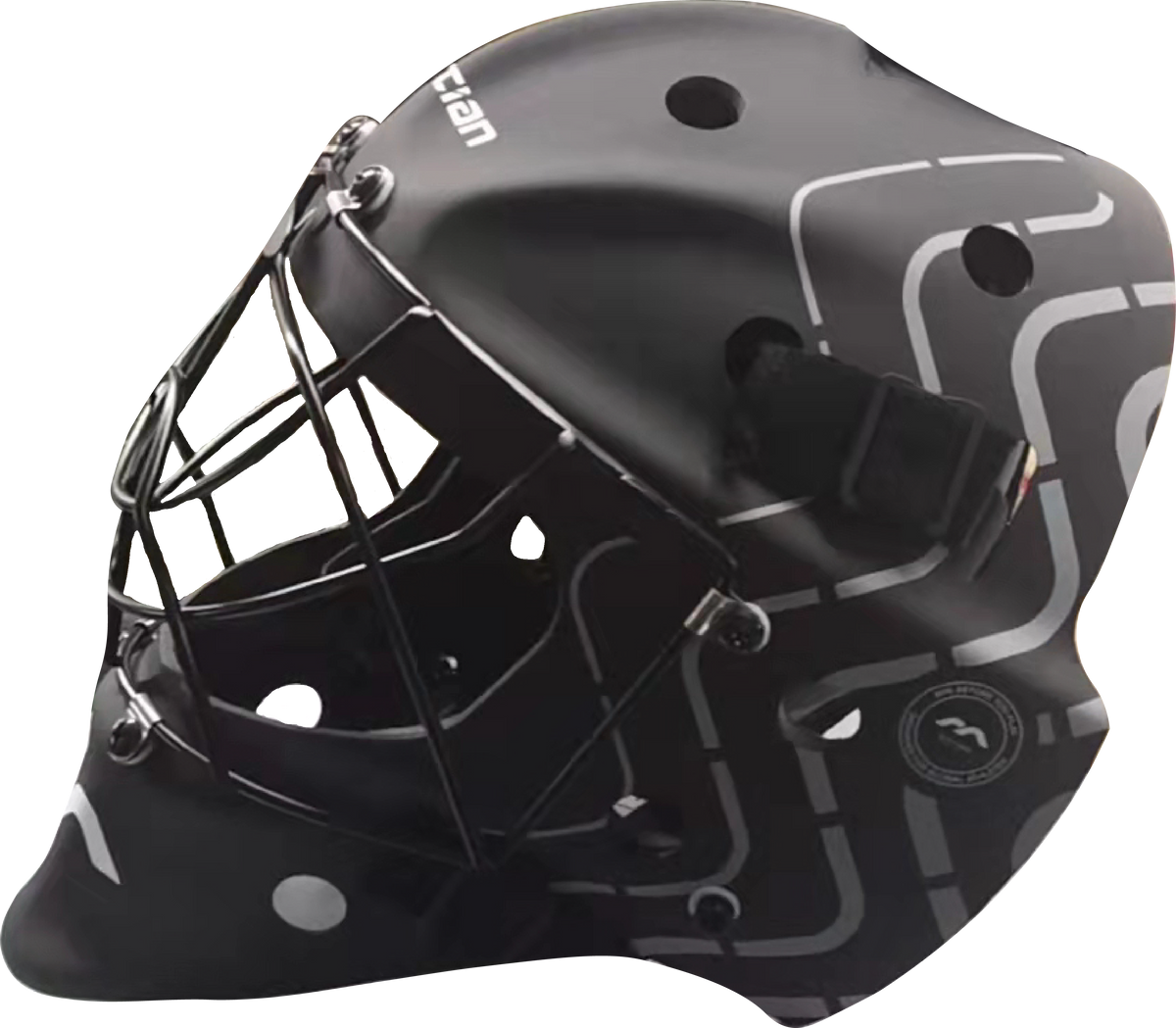 The Mercian Genesis 3 Hockey Helmet - Junior/Youth by Mercian is a black youth helmet with a metal cage, white geometric lines, circular patterns, ventilation holes, and a secure chin strap for comfort and impact protection.