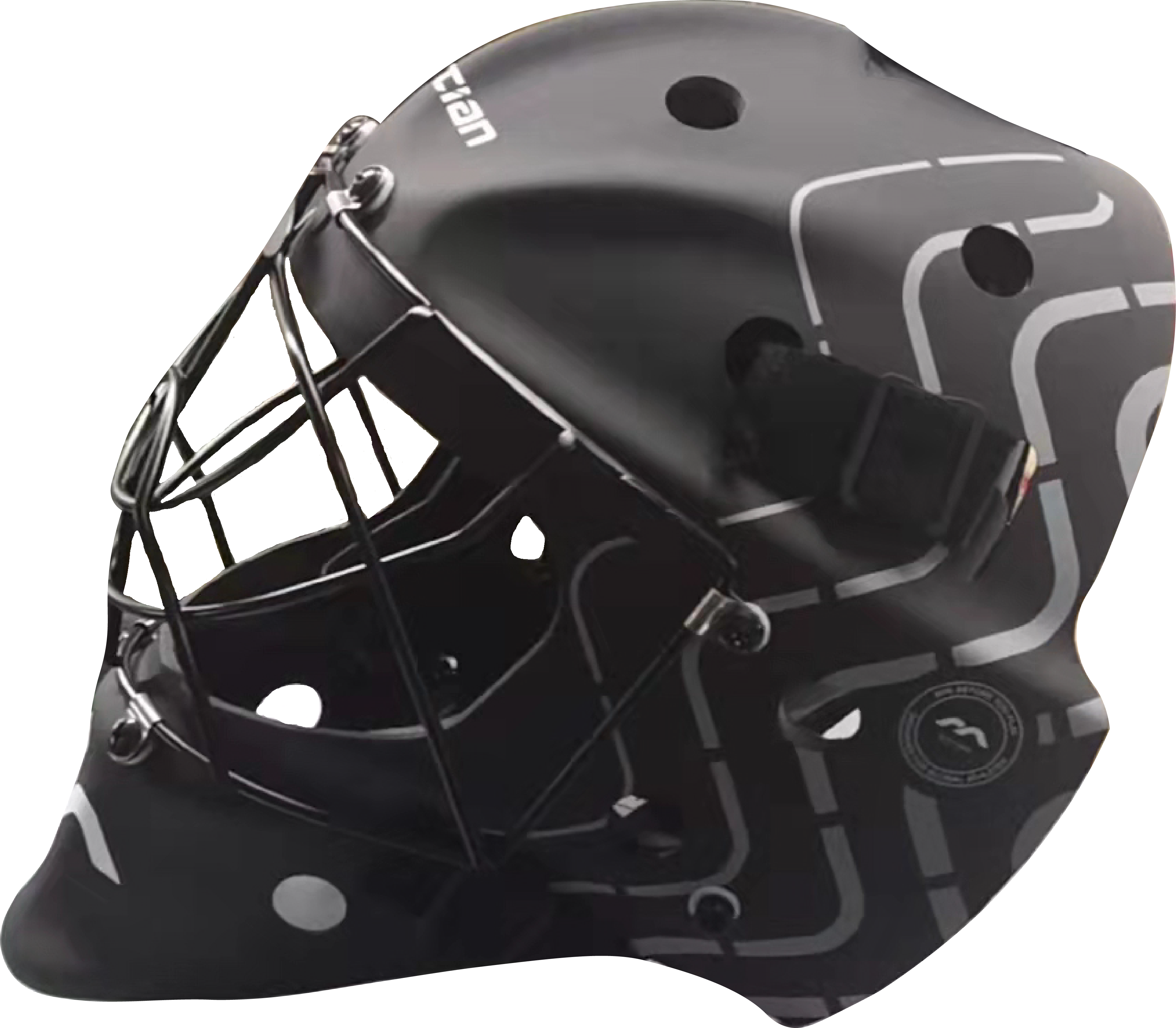 The Mercian Genesis 3 Hockey Helmet - Junior/Youth by Mercian is a black youth helmet with a metal cage, white geometric lines, circular patterns, ventilation holes, and a secure chin strap for comfort and impact protection.