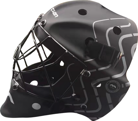 The Mercian Genesis 3 Hockey Helmet - Junior/Youth by Mercian is a black youth helmet with a metal cage, white geometric lines, circular patterns, ventilation holes, and a secure chin strap for comfort and impact protection.