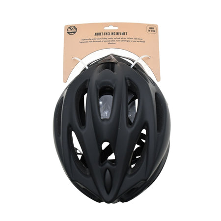 The Six Peaks Adult Cycling Helmet, shown in black from above with a top label, offers high-performance cycling safety thanks to its sleek, aerodynamic design and multiple ventilation holes.