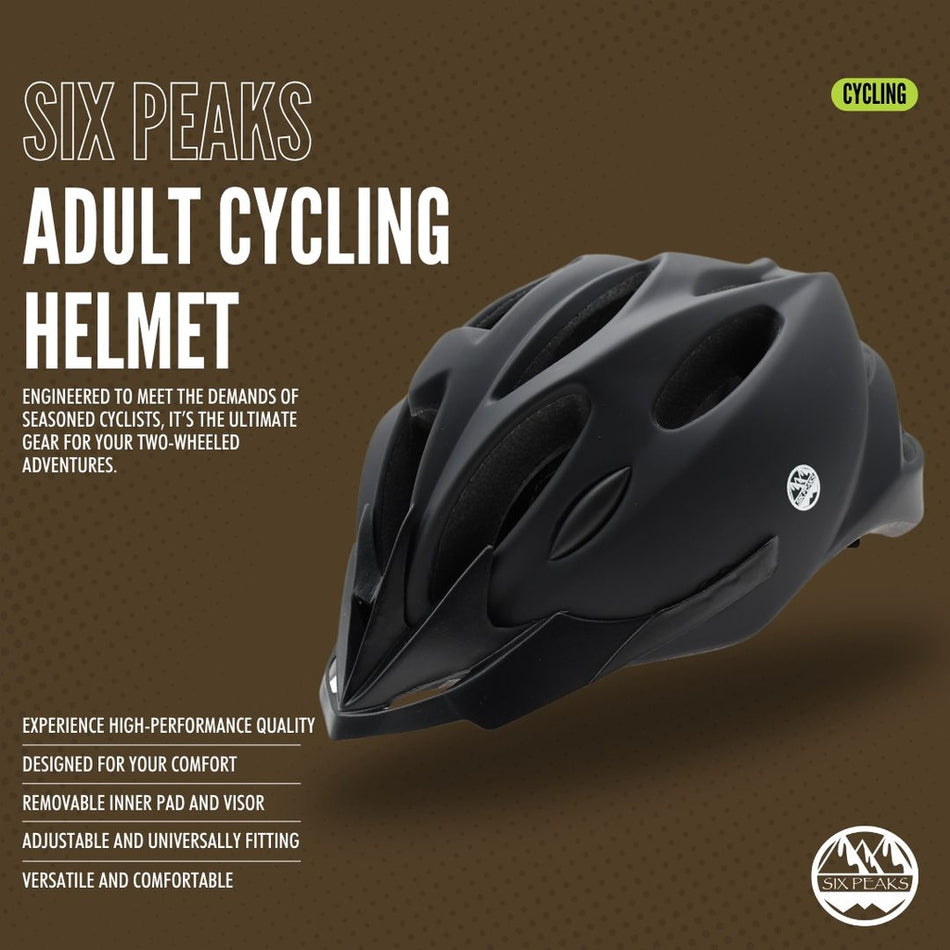 The Six Peaks Adult Cycling Helmet by Six Peaks is shown on a brown background, with text highlighting high-performance quality, safety, comfort, removable liner and visor, adjustable fit, and versatile use.