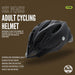 The Six Peaks Adult Cycling Helmet by Six Peaks is shown on a brown background, with text highlighting high-performance quality, safety, comfort, removable liner and visor, adjustable fit, and versatile use.