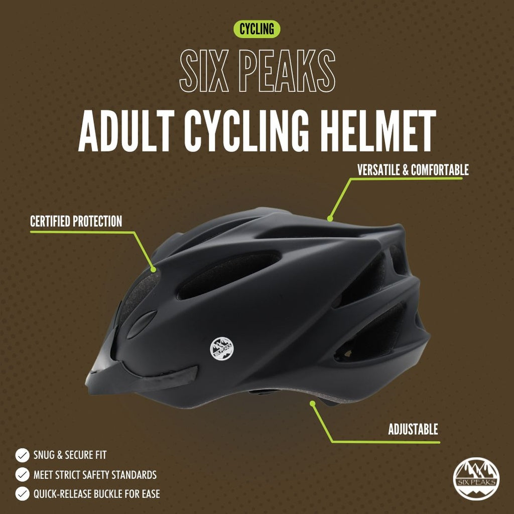 The Six Peaks Adult Cycling Helmet by Six Peaks is shown on a brown background, featuring certified protection, versatile comfort, easy adjustability, a snug fit, and a quick-release buckle for cycling safety.