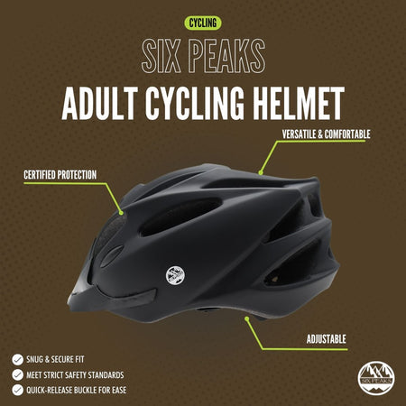 The Six Peaks Adult Cycling Helmet by Six Peaks is shown on a brown background, featuring certified protection, versatile comfort, easy adjustability, a snug fit, and a quick-release buckle for cycling safety.