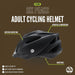 The Six Peaks Adult Cycling Helmet by Six Peaks is shown on a brown background, featuring certified protection, versatile comfort, easy adjustability, a snug fit, and a quick-release buckle for cycling safety.