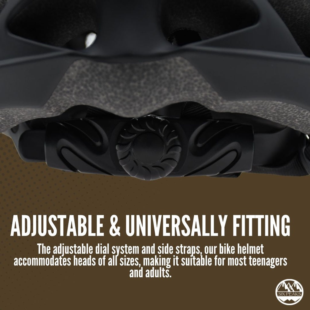 Close-up of the Six Peaks Adult Cycling Helmet’s adjustable dial and straps, emphasizing cycling safety and universal fit. Text overlay notes its suitability for most teens and adults thanks to Six Peaks’ adjustable system.
