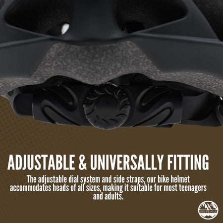 Close-up of the Six Peaks Adult Cycling Helmet’s adjustable dial and straps, emphasizing cycling safety and universal fit. Text overlay notes its suitability for most teens and adults thanks to Six Peaks’ adjustable system.