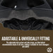 Close-up of the Six Peaks Adult Cycling Helmet’s adjustable dial and straps, emphasizing cycling safety and universal fit. Text overlay notes its suitability for most teens and adults thanks to Six Peaks’ adjustable system.