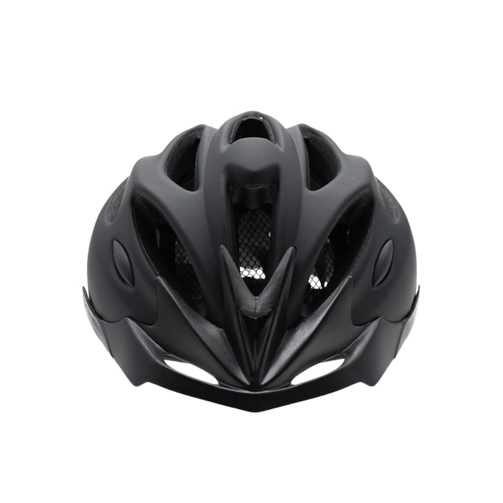 The Six Peaks Adult Cycling Helmet by Six Peaks features a sleek, aerodynamic black design with multiple air vents, shown front-facing on a white background for enhanced cycling safety.