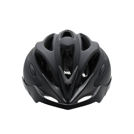 The Six Peaks Adult Cycling Helmet by Six Peaks features a sleek, aerodynamic black design with multiple air vents, shown front-facing on a white background for enhanced cycling safety.