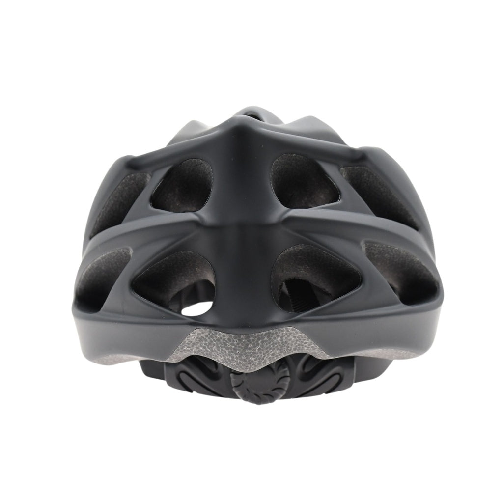 The Six Peaks Adult Cycling Helmet by Six Peaks is a black, high-performance helmet with multiple large rear ventilation holes and a textured lower edge for enhanced cycling safety.