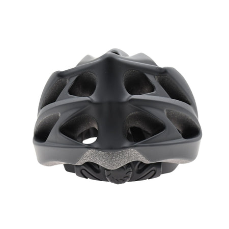 The Six Peaks Adult Cycling Helmet by Six Peaks is a black, high-performance helmet with multiple large rear ventilation holes and a textured lower edge for enhanced cycling safety.