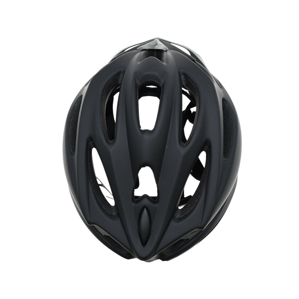 The Six Peaks Adult Cycling Helmet by Six Peaks is a black, high-performance helmet with multiple elongated vents for airflow and a streamlined design, offering optimal safety and comfort for cyclists.