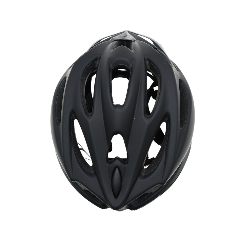 The Six Peaks Adult Cycling Helmet by Six Peaks is a black, high-performance helmet with multiple elongated vents for airflow and a streamlined design, offering optimal safety and comfort for cyclists.