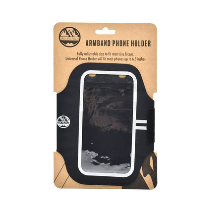 The Six Peaks Armband Phone Holder, by Six Peaks, features a clear front window, black adjustable strap, and fits most phones up to 6.5 inches. Ideal running accessory; it adjusts to most biceps for a secure fit in its packaging.