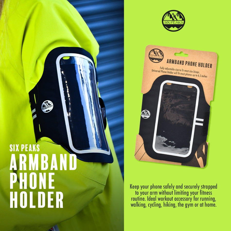 A person wears the Six Peaks Armband Phone Holder on their upper arm, with its packaging displayed nearby and product details on a green background—an ideal running accessory from Six Peaks.