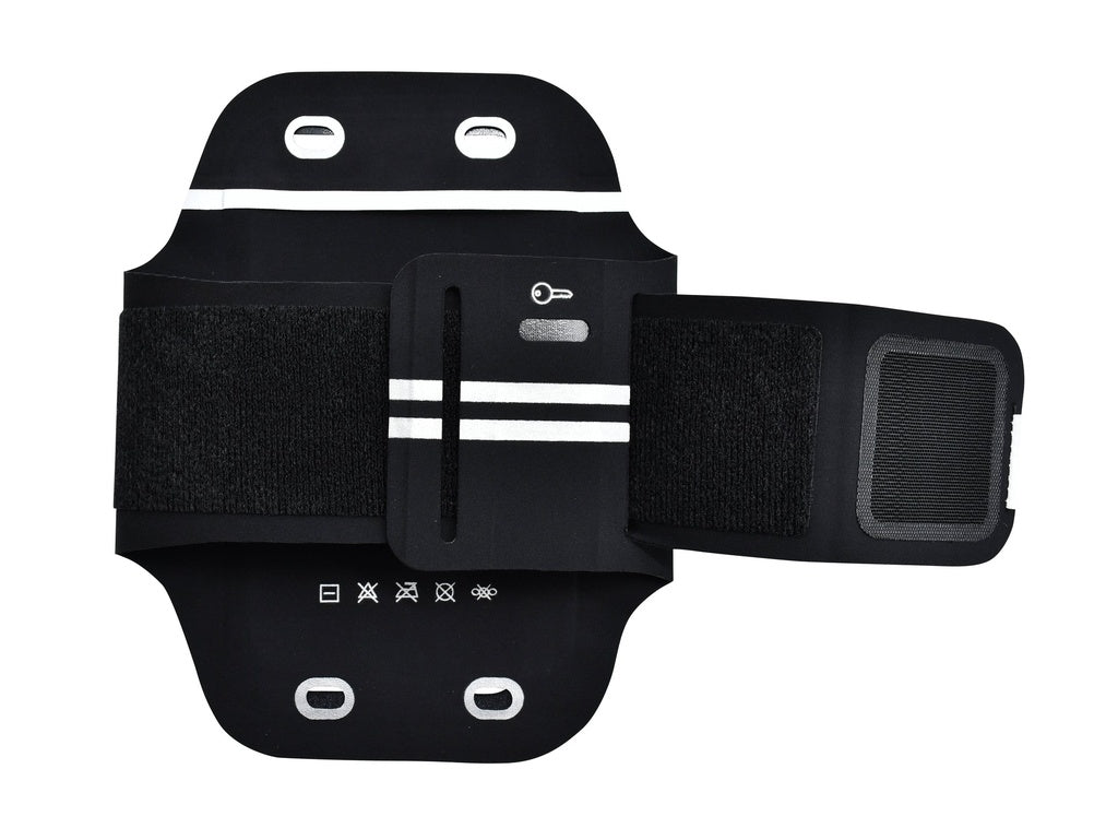 The Six Peaks Armband Phone Holder by Six Peaks features an adjustable black band with key slot, reflective stripes, Velcro closure, front cutouts, and care symbols—ideal for running or workouts.