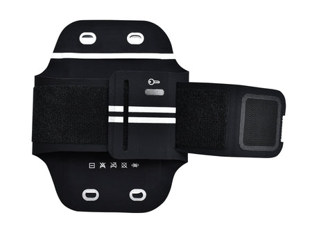 The Six Peaks Armband Phone Holder by Six Peaks features an adjustable black band with key slot, reflective stripes, Velcro closure, front cutouts, and care symbols—ideal for running or workouts.