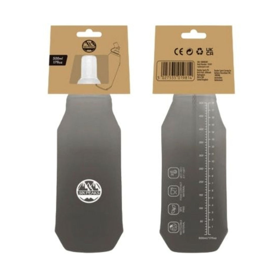 Two views of the Six Peaks Collapsible Water Bottle: one spotlights its cap and packaging, the other shows volume markings and icons for BPA-free and recyclable. Lightweight, 500ml, perfect for travel hydration. Brand: Six Peaks.