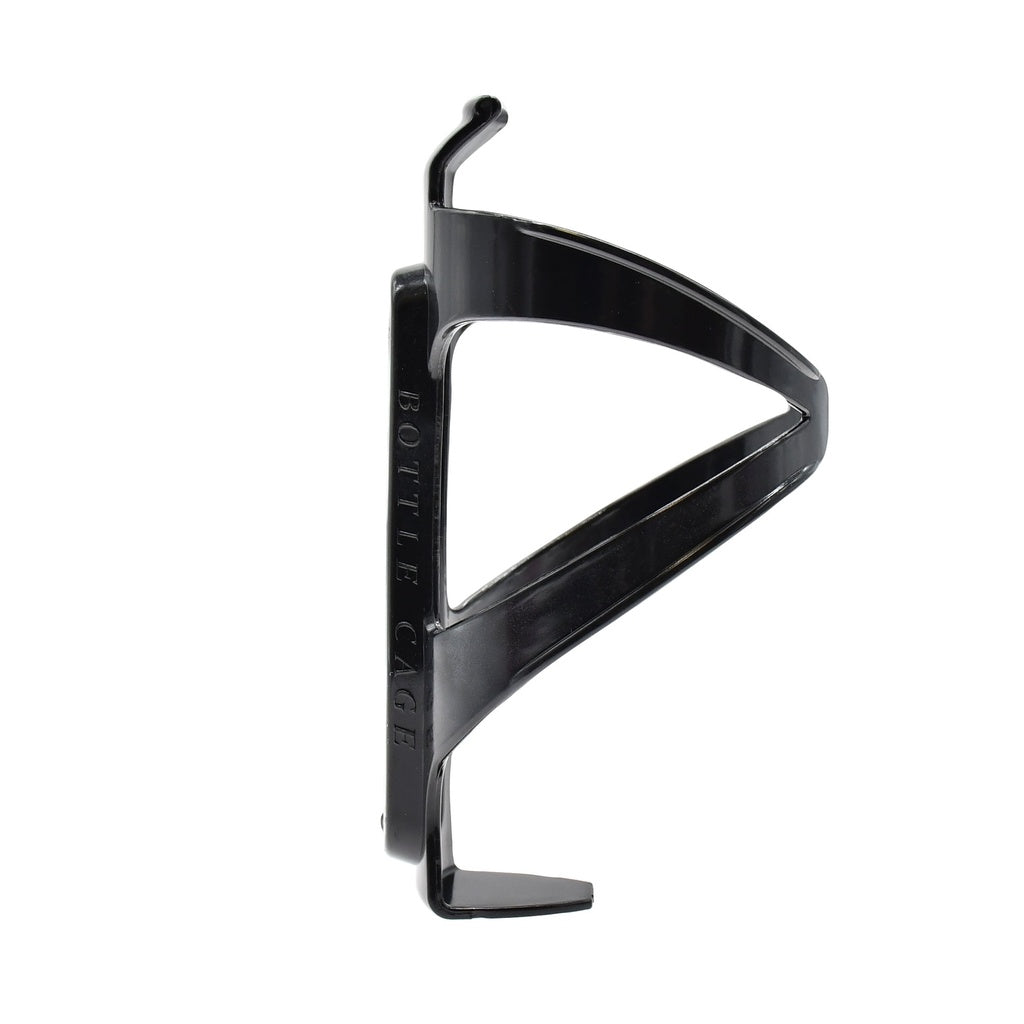 The Six Peaks Cycling Bottle Holder by Six Peaks stands upright on a white background. This universal, lightweight bottle cage has "BOTTLE CAGE" embossed on the side—an essential accessory for any cyclist.