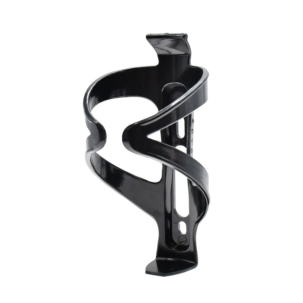 The Six Peaks Cycling Bottle Holder by Six Peaks is a black, lightweight, universal bottle cage with a minimalist design, curved supports, and mounting holes for easy bike frame attachment.