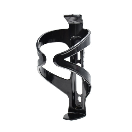 The Six Peaks Cycling Bottle Holder by Six Peaks is a black, lightweight, universal bottle cage with a minimalist design, curved supports, and mounting holes for easy bike frame attachment.