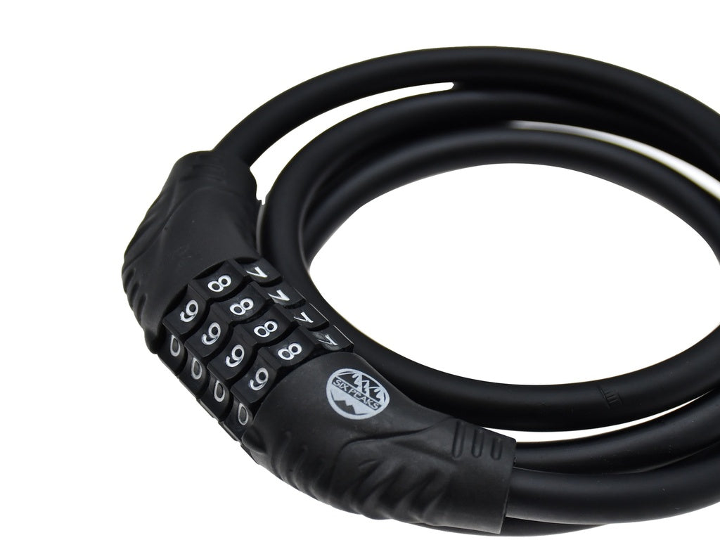 The Six Peaks Cycling Cable Lock by Six Peaks features a coiled black cable and numeric dial with eights on the wheels, offering reliable bike security.