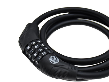 The Six Peaks Cycling Cable Lock by Six Peaks features a coiled black cable and numeric dial with eights on the wheels, offering reliable bike security.