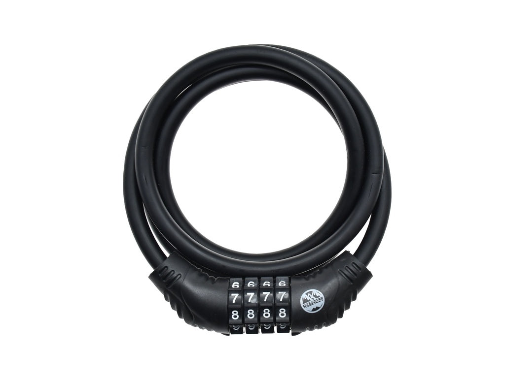 The Six Peaks Cycling Cable Lock by Six Peaks is a black, coiled lock with a 4-digit combo display set to 7-7-7-7, offering reliable security for your bike.